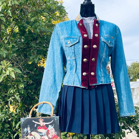 Caché vintage 80s double breasted coin button jean jacket with velvet placket - Picture 2 of 16